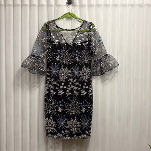 Adrianna Papell Black Dress with White and Blue Floral Design